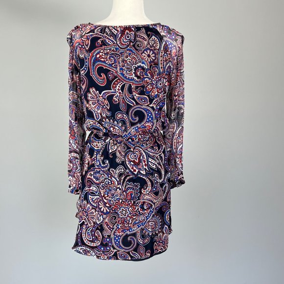 Shoshanna Silk Paisley Long Sleeve Ruffled Dress Red Blue Black size 4 - Picture 7 of 12